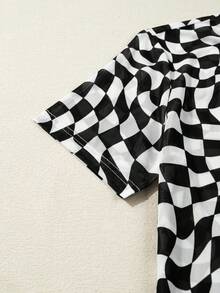 Camiseta holgada de malla con cuello redondo y estampado de tablero de ajedrez para mujer - Negro - Ver 11