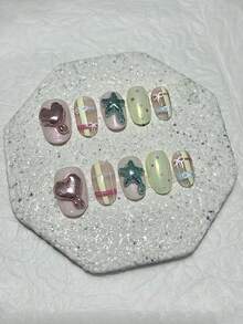 10 Pieces Summer Vitality Dopamine Handmade Press On Nails Balloon Heart Star Sweet And Cute False Nails Removable And Reusable Nail Supplies(1 Sheets Jelly Stickers+1PC Nail File) - Pink - View 3