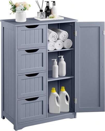 Bathroom Floor Cabinet, Freestanding Storage Organizer Unit Kitchen Cupboard W/ 4 Drawers & Adjustable Shelves, Using For Kitchen/Bathroom, Gray