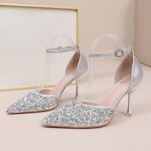 Women's Elegant Luxury Rhinestone Hollow Out Sandals, Fashionable Pointed Toe High Heels For Street, Party, Commute, Office - Silver - View 5