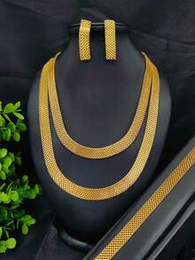 3pcs Fashionable Women Gold-Plated Floral Jewelry Set: Necklace, Earrings, Finger Rings, Suitable African, Middle Eastern, Dubai Bride, Party, Anniversary, Valentine's Day, Mother's Day, Teacher's Day Gift - Yellow Gold - View 1