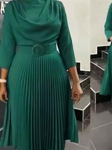 Women's Dresses 2026 New Arrival Autumn Fashion Plus Size Solid Color Pleated Dress - màu xanh lá - Xem 1