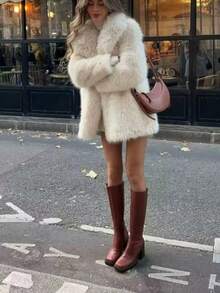 Women Faux Fur Coats - Apricot - View 2