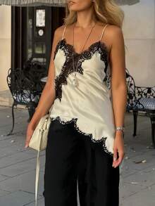 Women Satin Tops Y2K Lace Trim Camisole Asymmetrical Hem V-Neck Patchwork Tank Tops Spaghetti-Strap Backless Crop Tops Elegant Fashion Loose Cami Shirt Summer Blouse For Streetwear - 黑與白 - 查看 2