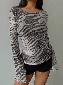 女士褶皱网纱豹纹上衣，长袖斑马纹衬衫，浅灰色斑马纹衬衫，斑马纹服装，动物纹衬衫，舒适女士上衣，春季女装，夏季上衣，适合海滩、派对、外出、夜店、母亲节等场合 - 淺灰色 - 查看 4