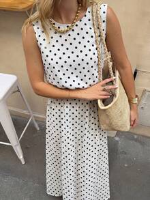 女士休闲度假轻薄仿亚麻黑白波点无袖露脐上衣和开衩长裙两件套，简约时尚，适合约会和日常穿着 - 白色 - 查看 5