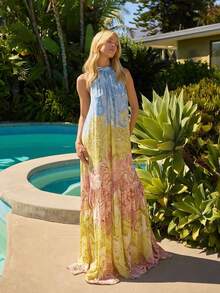 宽松女士无袖露背连衣裙，波西米亚风吊带连衣裙，沙滩度假派对连衣裙 - 黃色 - 查看 3