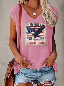 Women's V Neck Tank Top 250th Anniversary Eagle Flag Print Retro Patriotic Independence Day Summer Top - 淺粉色 - 查看 2