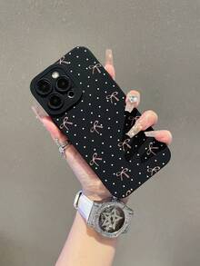 1pc Minimalist White Polka Dot & Pink Bow Pattern Painted Pupil Black Matte Texture TPU Material Pupil Anti-Drop Phone Case, Suitable As Gift For Boyfriend/Girlfriend, Compatible With Apple, And Other Android Models - Multicolor - View 1