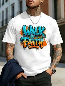 Walk By Faith Graphic Tee, Spring, Soft Cotton, Relaxed Fit, Street Hip-Hop, Breathable - White - View 1
