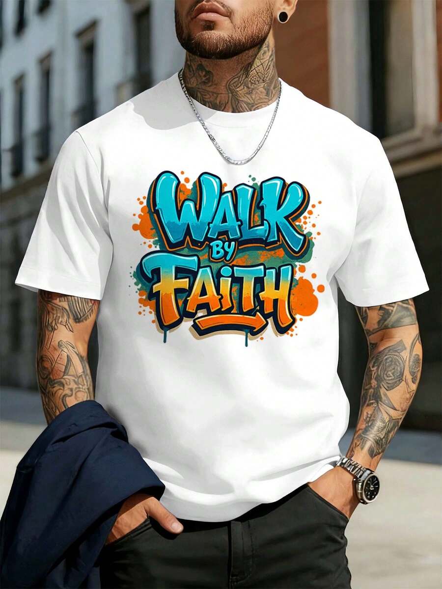 Walk By Faith Graphic Tee, Spring, Soft Cotton, Relaxed Fit, Street Hip-Hop, Breathable - White - View 1