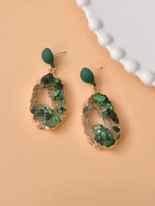 优雅绿色树脂镂空吊坠耳环，搭配925纯银耳针 - 时尚百搭的女士配饰，金色点缀，树形树脂材质，镂空设计，可定制 - 款式1 - 查看 2