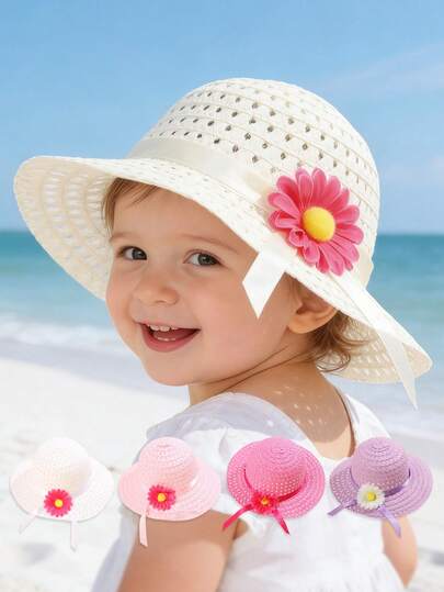 1pc Toddler/Girls' Flower Decor Wide Brim Sun Hat, Summer Beach/Outdoor Play