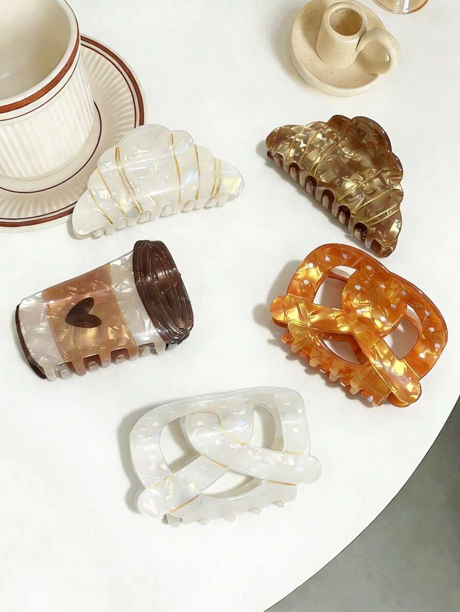 1pc Cute & Fun Acrylic Fake Bread, Coffee, Claw, Sweet Pretzel, Latte Plate, Hair Claw, Suitable For Long And Thick Hair - Multicolor - View 1