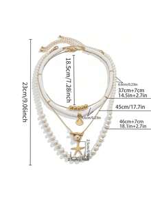 1 Set de 3 o 4 piezas de collar con colgante de aleación de zinc con conchas y estrellas de mar con perlas ABS falsas, regalo de vacaciones de verano y uso diario - Amarillo Oro - Ver 8