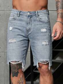 Men's Summer Ripped Five Quarter Denim Jeans With Plush Fabric, Street Tight, Non Elastic, Versatile, Classic Denim Shorts - Light Wash - View 5