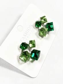 1 Pair Geometric Cube Stud Earrings, Gradient Candy Cube Versatile Earrings For Women, Party & Gift - Green - View 3