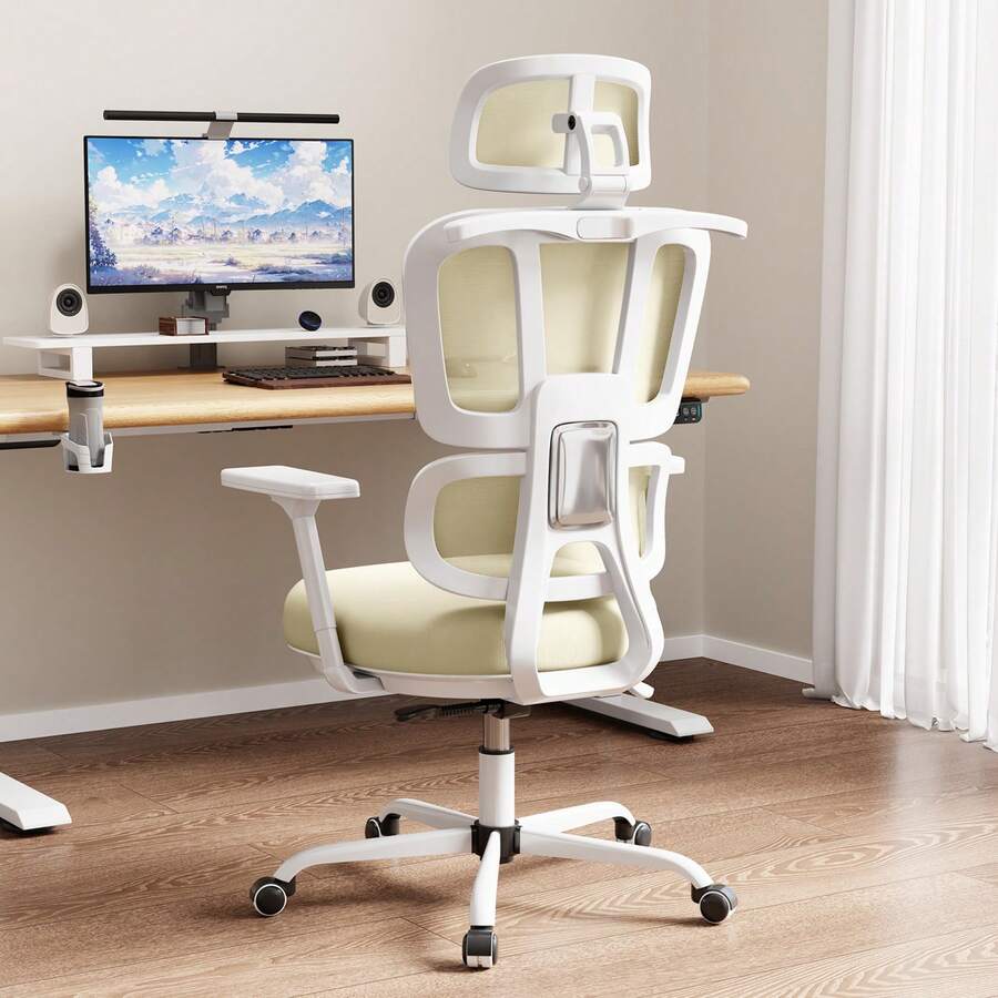 Ergonomic Gaming Chair With Liftable Lumbar Support And 3D Adjustable Armrests, Reclining Game Chair With Headrest And Swivel, Comfortable Office Desk Chair For Adults - 米色 - 查看 1