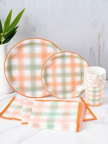 Yellow & Green Checkered Disposable Plates, Napkins, Cups - One-Time Party Supplies Set, Suitable For 8 Guests, Disposable Paper Plates Party Tableware For Birthday, Wedding, Theme Party, Family Picnic - Multicolor - View 3