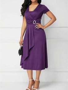 2026 Best Selling Fashionable Temperament Chic Plus Size Asymmetrical Hem V-Neck Dress Party Evening Dress Women's Evening Dress Mini Dress  Elegant    Asymmetrical  Wrap  Ring    Wedding - Màu tím - Xem 1