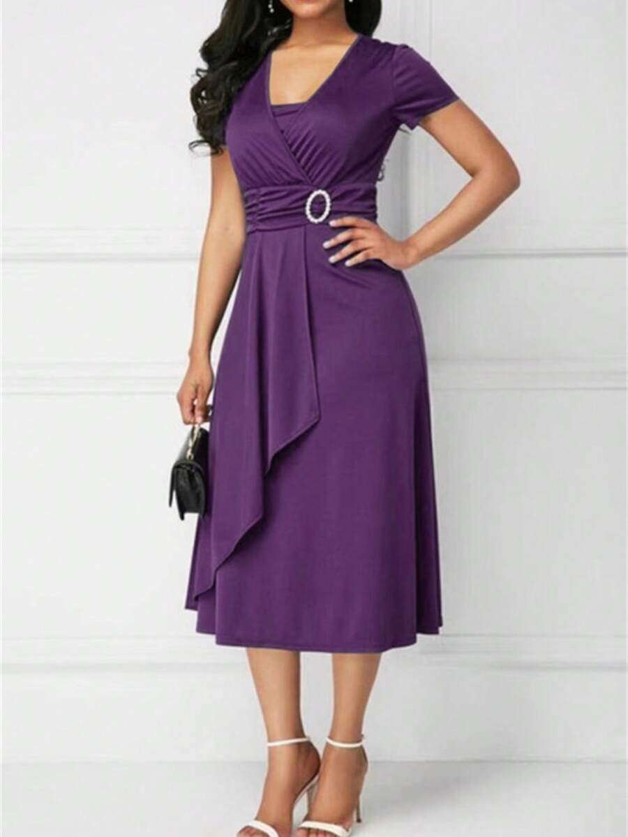 2026 Best Selling Fashionable Temperament Chic Plus Size Asymmetrical Hem V-Neck Dress Party Evening Dress Women's Evening Dress Mini Dress Elegant Asymmetrical Wrap Ring Wedding - Màu tím - Xem 1