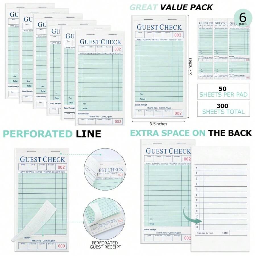 Server Notebooks 6 Pack, Waitress Notepad Pads For Restaurant Orders, Guest Check Book For Servers, 300 Sheets Total - 1 - View 1
