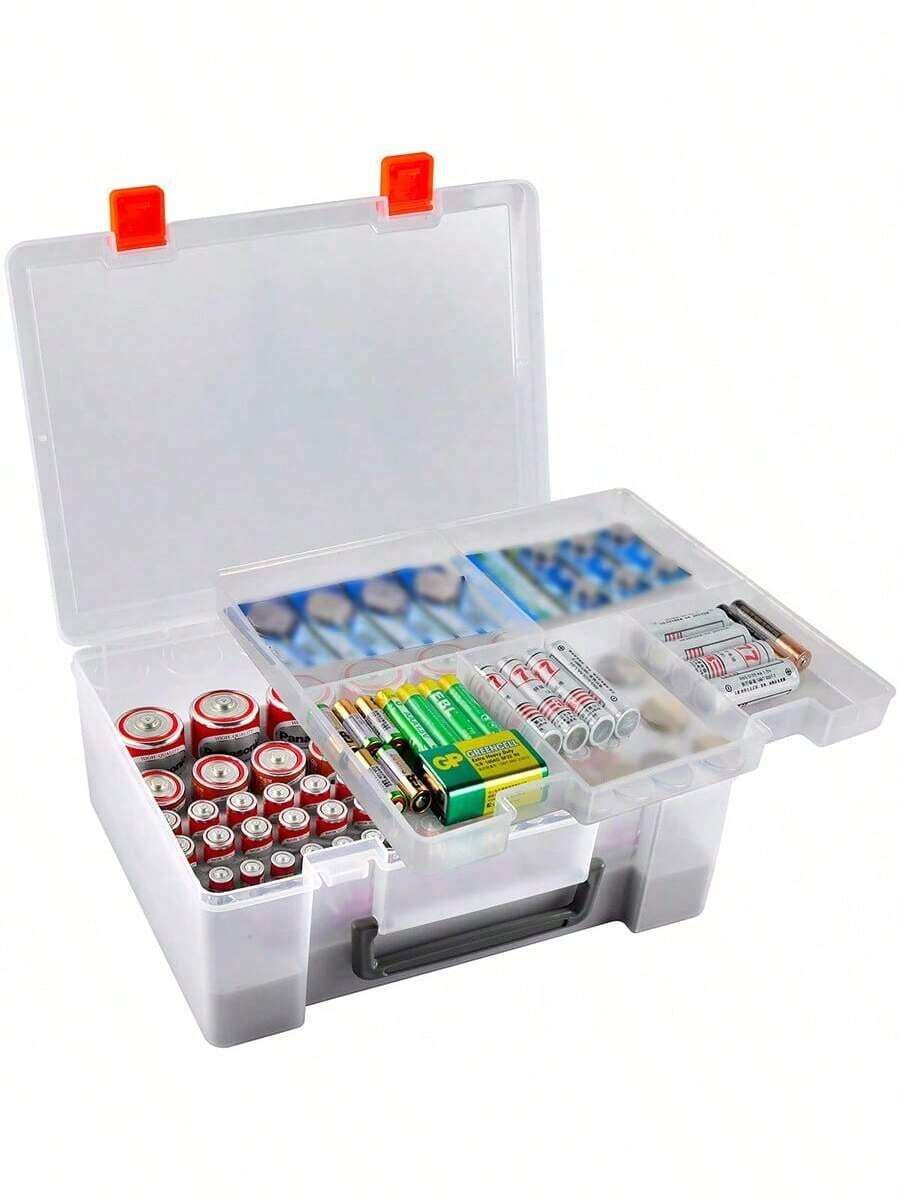 1个透明电池收纳整理盒，带结实提手，双层硬塑料外壳，可收纳78节以上AA、AAA、C、D、9V及纽扣电池，多隔层设计，适用于车库和家庭使用。 - 無色 - 查看 1