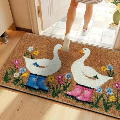 1pc Hand-Painted Two White Goose Pattern Printed Floor Mat, Durable And Easy To Clean, Soft And Comfortable Bathroom Mat, Suitable For Bathrooms, Laundry Rooms, Bedrooms, Doorways, Kitchens, Courtyards, Corridors, Essential Spring Home Decoration