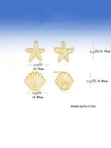 1 par de pendientes de botón con diseño de vida marina bohemio de aleación de zinc con estrella de mar, concha y caballito de mar, regalo de playa y verano, para uso diario - Plateado - Ver 9