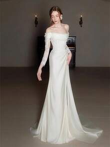 Elegant Sexy Off Shoulder Long Sleeves Mermaid Satin Formal Bridal Dress Registration Wedding Dress For Bride,Bridal Fashion,Evening Party Dress Bridal Gowns,Romantic Church Ceremony Wedding Dress,Suitable For Wedding,Party,Singles' Party,Vacation,Bride,Formal Occasions,Dinner Dress,Prom Dress,Homecoming Dress,Cocktail Party - 白色 - 查看 4