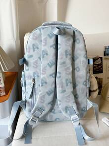 1pc Lightweight Blue Graffiti Letter Print Nylon Multi-Compartment Backpack, Zipper Closure, Suitable For Students And Commuting, All Seasons - Blue - View 4