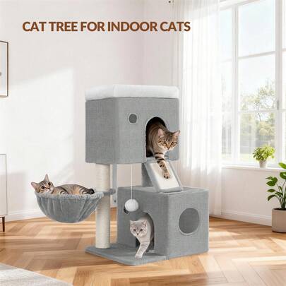 HEXCELEN Cat Tree, 82 Cm Cat Tower For Indoor Cats, Multi-Level Tree With Two Comfy Condos, A Soft Platform, Basket, Sisal Scratching Post, Scratching Board, Pompoms