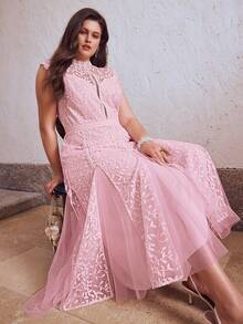 Simplee Plus Size Women's Spring/Summer New Sleeveless Mesh Embroidered Hem Splice Lace Trim Elegant Party Evening Dress, Suitable For Party, Birthday, Wedding Pink - Pink - View 9