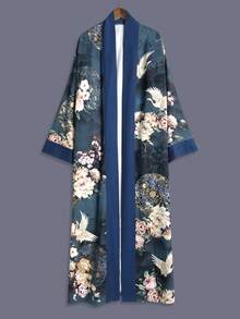 Bohemian Style Printed Mid-Length 3/4 Sleeve Kimono Cover Up Thin Jacket, Women Elegant European And American Street Casual Coverup, Beach Travel Holiday Haori Thin Robe Bathrobe Robe - Blue - View 2