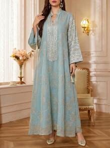 Solessence 时尚端庄女装植物亮片阿拉伯连衣裙女士流苏派对节日优雅长裙 - 綠色 - 查看 2