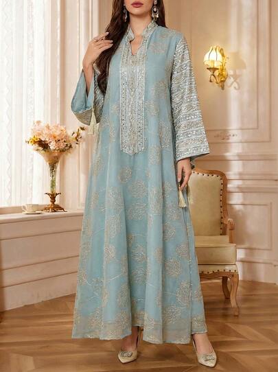 Solessence 时尚端庄女装植物亮片阿拉伯连衣裙女士流苏派对节日优雅长裙