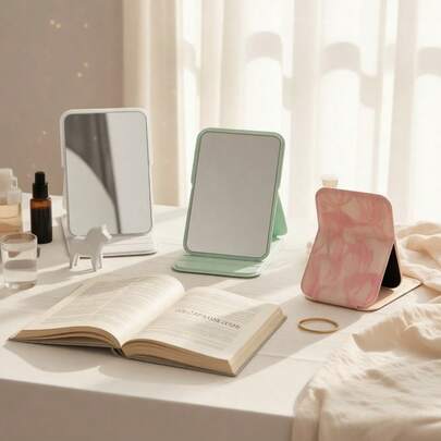 1 Elegant Folding Mini Makeup Mirror With PU Stand, Portable Glass Makeup Mirror, Hand Washable, Suitable For Dormitory And Desktop Use - Daily Essential, Beauty Vanity