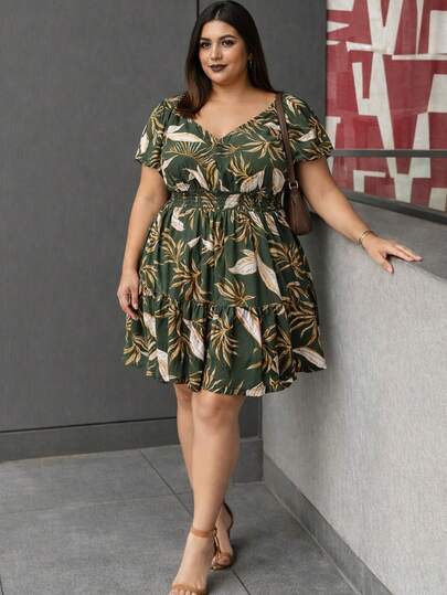 Vestido Feminino Plus Size Estampado Manga curta Casual Ajustável