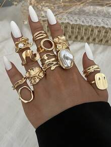 12件套复古优雅波西米亚风女士金属褶皱不对称镂空珍珠金色戒指套装，适合日常、派对、婚礼、节日、约会、送礼。 - 金色 - 查看 4