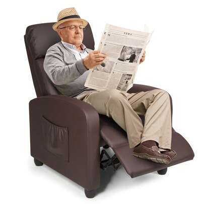  COSTWAY Relax Armchair W/ Reclining Function, TV Armchair W/Adjustable Backrest & Footrest, Recliner W/Side Pocket, Recliner W/Synthetic Leather Cover, Upholstered, For Living Room, Brown