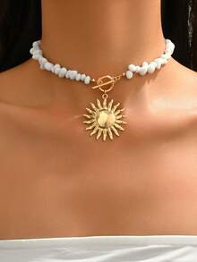 1pc Turquoise Beaded Necklace With Fashionable Metal Sun Pendant, Suitable For Women's Daily And Vacation Wear - Multicolor - View 1