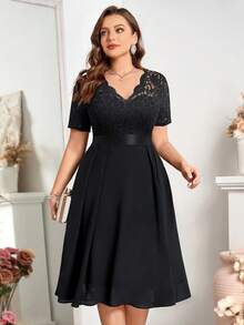 Đầm xòe chữ A bằng chiffon in ren, cổ chữ V, cỡ lớn, thích hợp cho Ngày Valentine, mùa hè, sinh nhật, lễ tốt nghiệp, tựu trường, màu đen thanh lịch. - màu đen - Xem 7