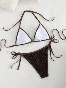 新款女士渔网比基尼套装，性感系带闪亮泳衣，沙滩装 - 棕色 - 查看 4