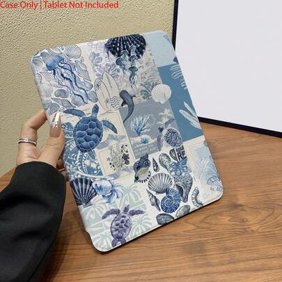 1pc Vintage Ocean Collage Tablet Protective Case - Blue Ocean Aesthetic Style, Tri-Fold Stand And Shock-Proof Protection Case With Pencil Slot, Suitable For 10.9/10.2/Air 5th Gen/Pro11/10th/9.7/Air 2/ (7th Gen)/ (8th Gen)/ Air 4/5/ Pro 11/ 10th Generation 10.9 Inch 2022 Smart Protective Case/ Air 13(M3 2025)/ Air 11(M3 2025)/ Air 11(M3 2025)/ 11(A16 2025), Auto Sleep/Wake Function