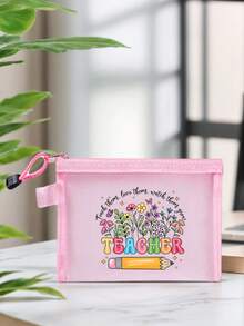 1个花卉“教师”图案网眼化妆包 - 拉链旅行收纳袋，多功能化妆包，收纳整理包，便携式化妆品收纳袋，珠宝配件收纳袋，是返校、生日、节日、教师节的理想礼物，创意教师礼品洗漱包，护肤包，洗漱旅行包，女士度假必备旅行包，大容量旅行包 - 彩色 - 查看 4