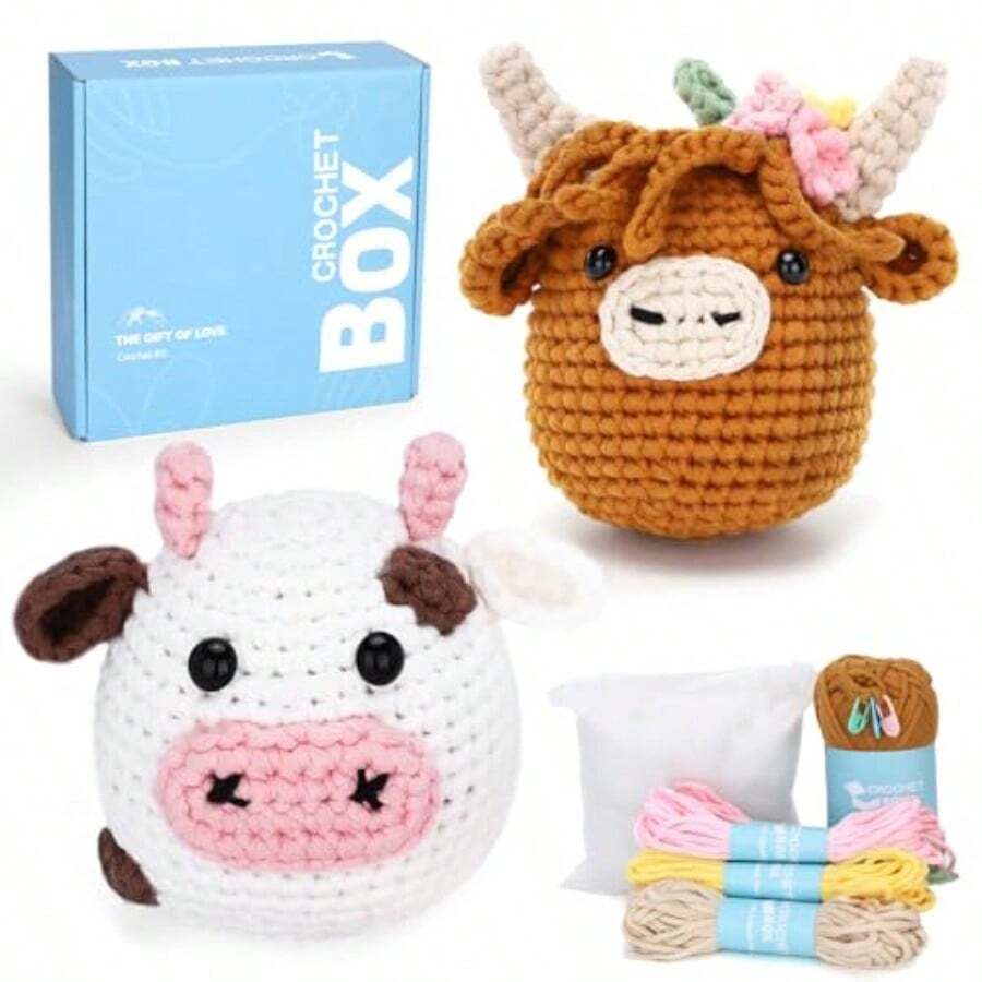 CrochetBox - Kit de ganchillo para principiantes vaca y búho de las tierras altas aprenden a ganchillo animales de peluche regalo para adultos y adolescentes juego de tejer con gancho de hilo - 2 piezas de vaca y vaca café Highland - Ver 1
