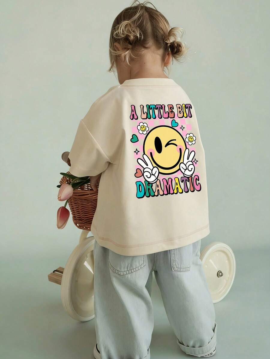 Baby Girl Cartoon Colorful Smile Face Print Crew Neck Short Sleeve T-Shirt - Apricot - View 1