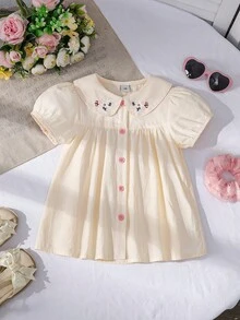 Young Girl Embroidered Collar Short Sleeve Blouse, Summer - Apricot - View 1