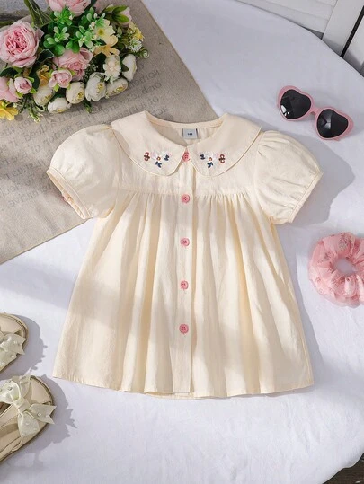 Young Girl Embroidered Collar Short Sleeve Blouse, Summer
