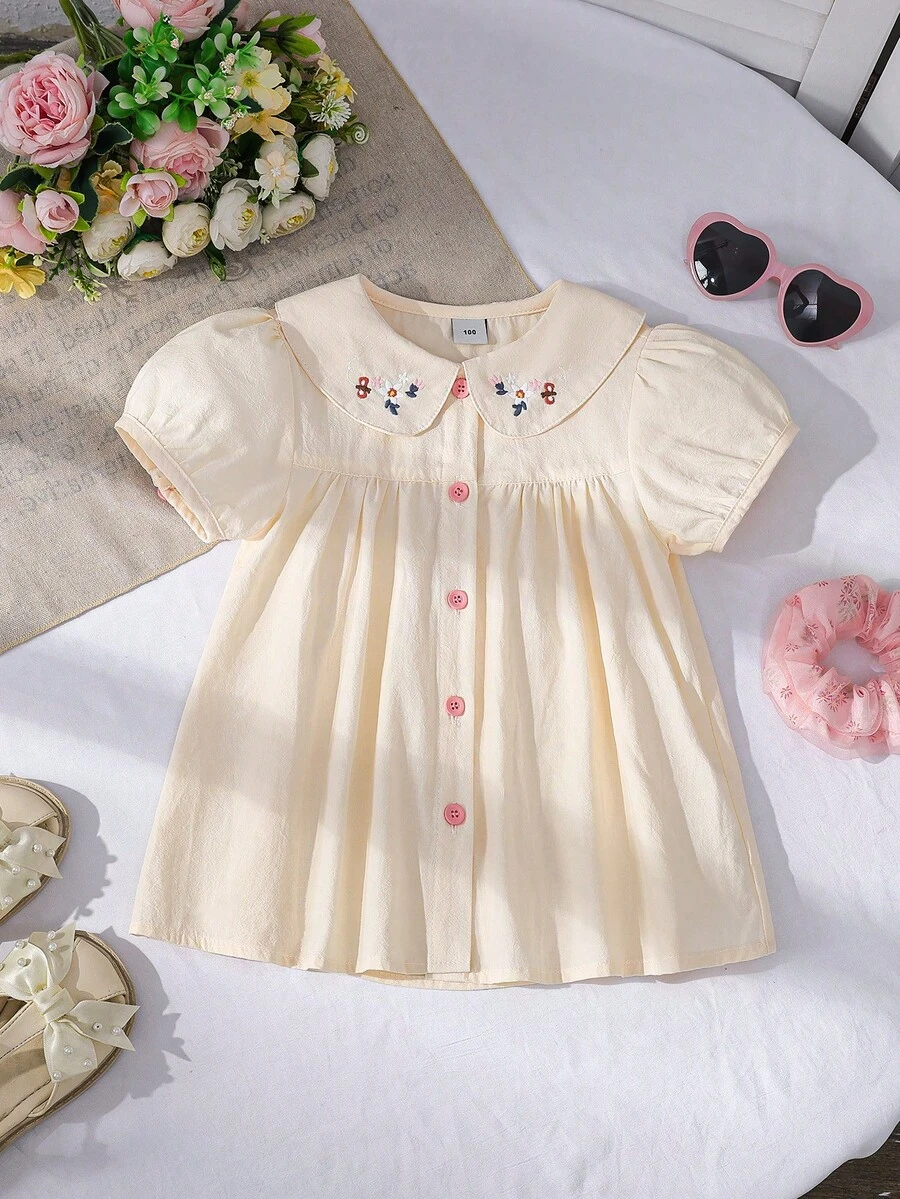 Young Girl Embroidered Collar Short Sleeve Blouse, Summer - Apricot - View 1